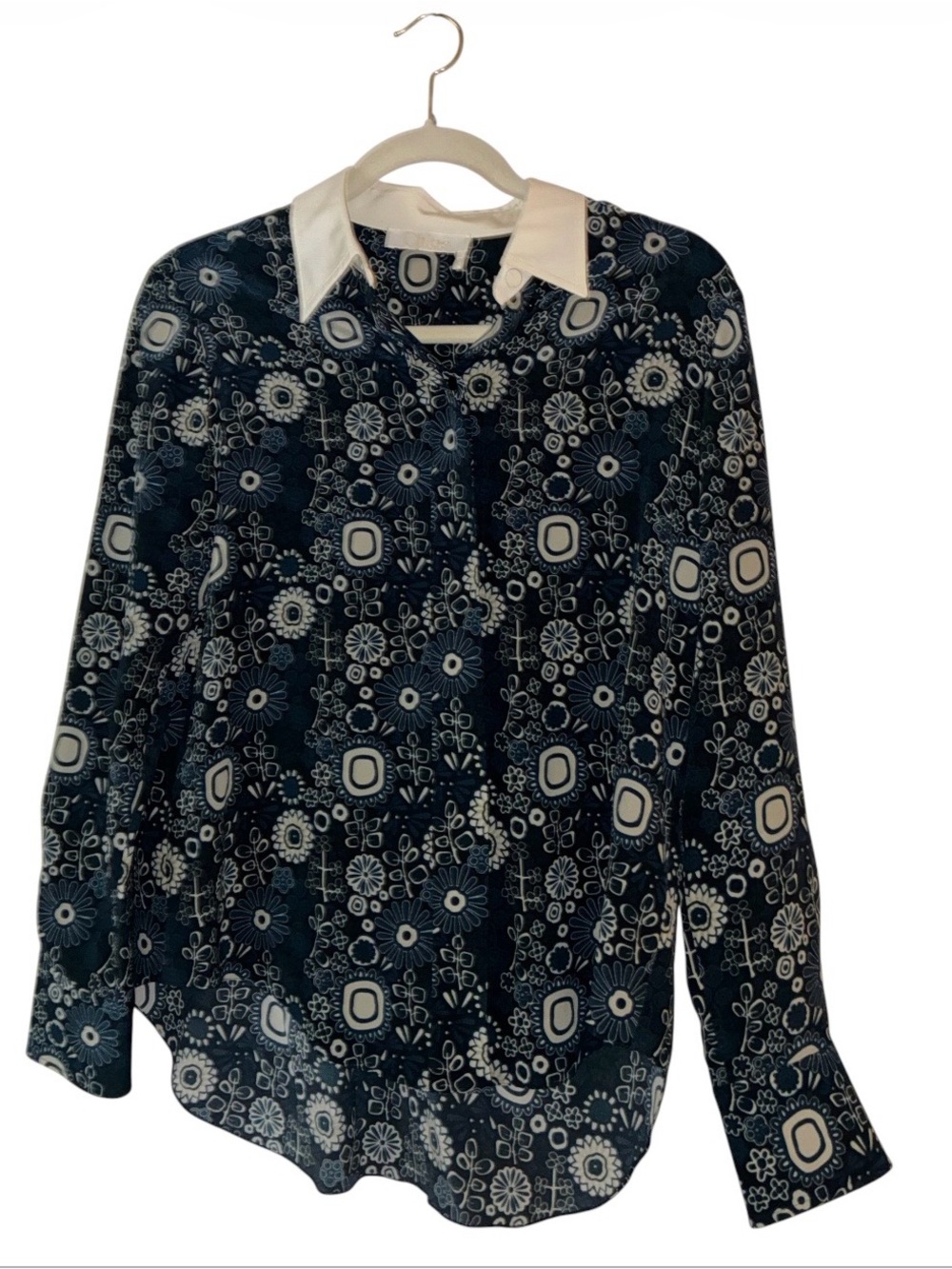 Chloé 100% Silk Navy Floral Print Button-Up Blouse w/White Collar Sz 34